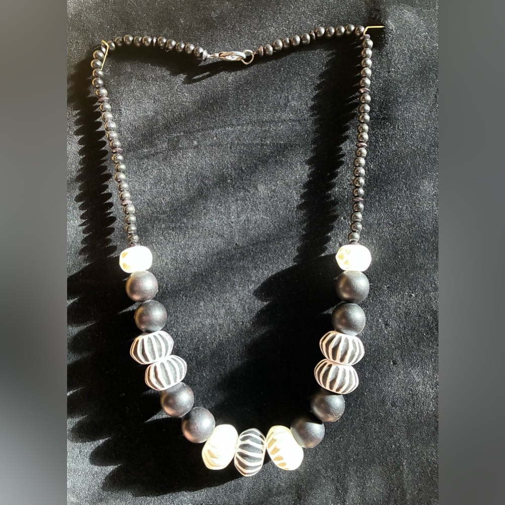 Wood & Glass Beaded Necklace / The Esther deCoux Collection/ HAND CRAFTED